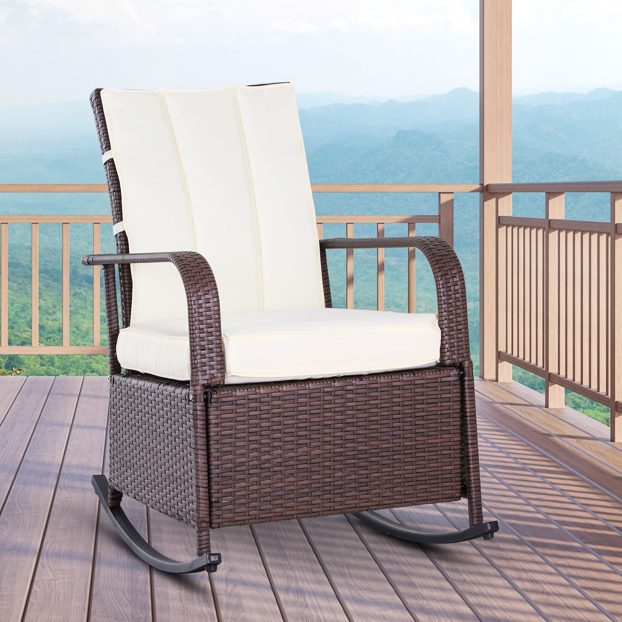 Outsunny Wicker Rocking Chair Outdoor with Cushion PE Rattan Recliner Adjustable Footrest Cream White 