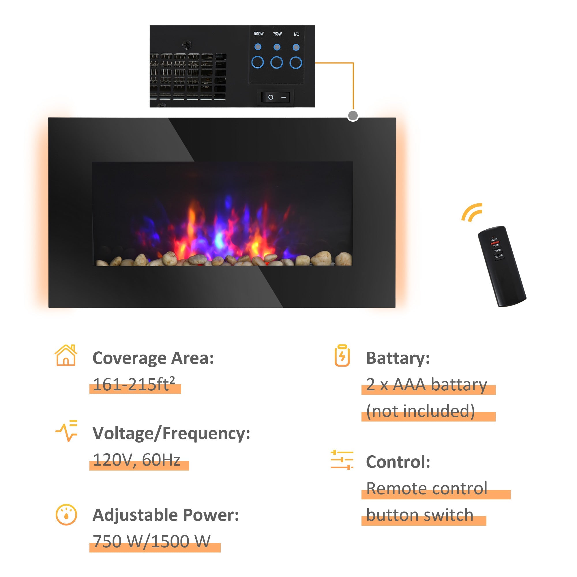 HOMCOM 28.5" Wall Mounted Electric Fireplace Heater with 7 Color Light, LED Flame Effect and Remote Control, 750W/1500W, Black 