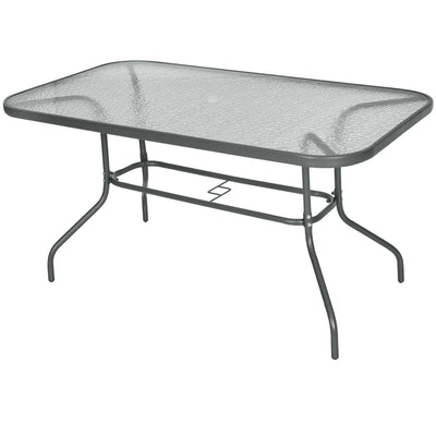Outsunny Metal Garden Dining Tables Outdoor Patio w/ Tempered Glass Top, Umbrella Hole, 55" x 31.5" 