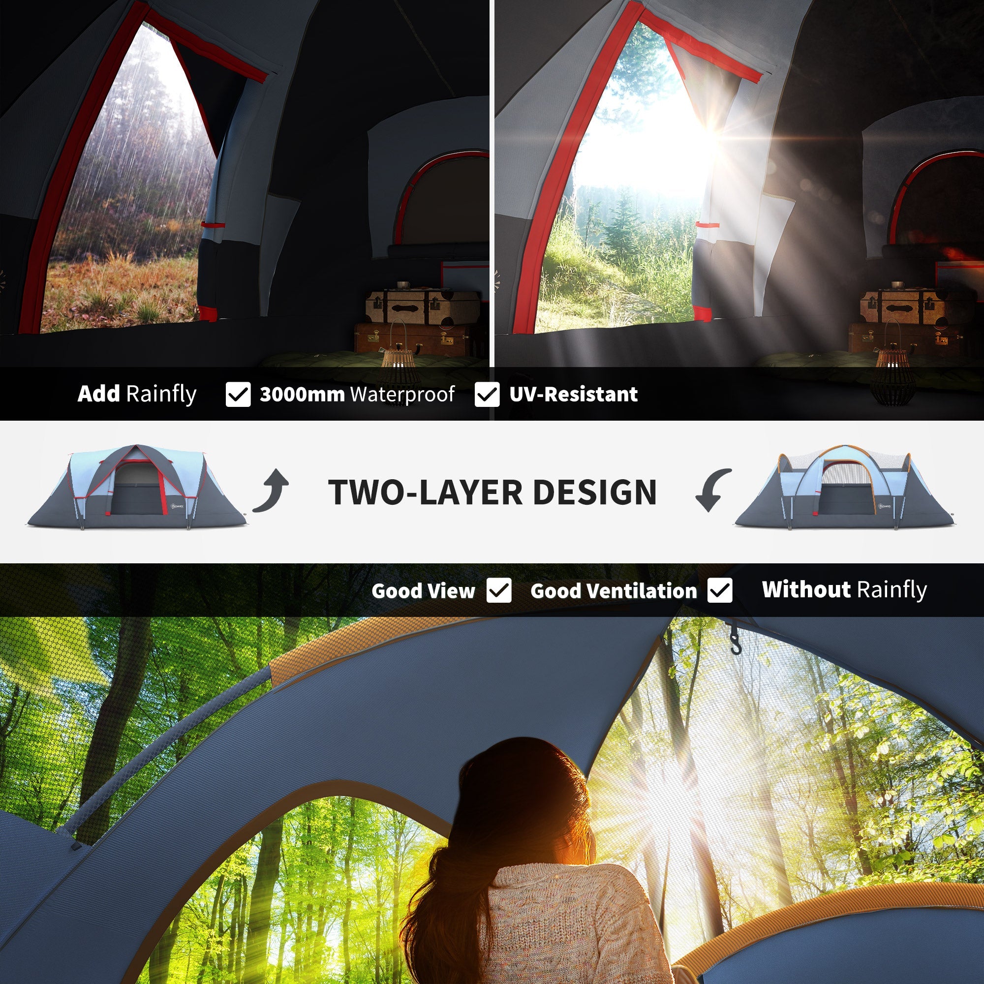 Outsunny 5-6 Person Outdoor Camping Tent, Dome Tent W/ Build-in Bag, Lighting Hook, Carrying Bag for Camping, Hiking & Traveling 