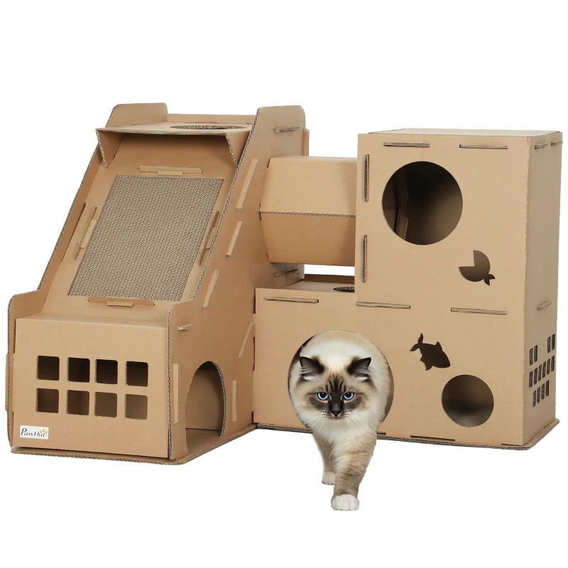 Multi-Level Cardboard Cat House, Corrugated Cardboard Play Condo with Scratching Pads for Indoor Kittens