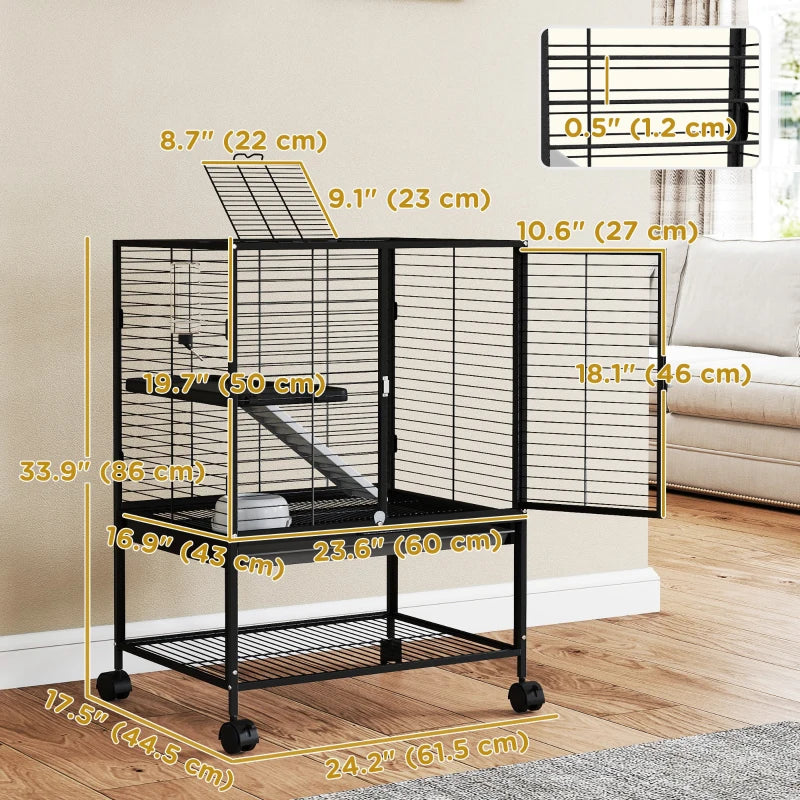 Rolling Small Animal Cage 34"H Chinchilla Cage for Ferrets, Squirrels w/ Removable Tray, Storage Shelf, Black