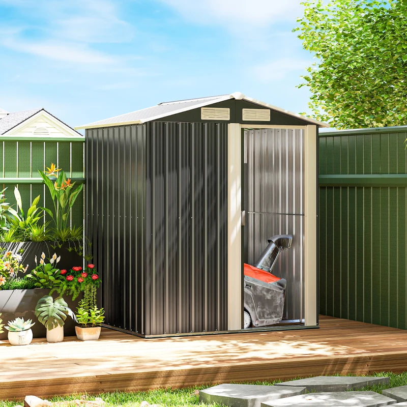 5ft x 4ft Garden Metal Storage Shed, Tool Storage Shed with Top Vents, Sliding Door, Sloped Roof and Foundation Kit for Garden, Patio, Lawn, Dark Grey