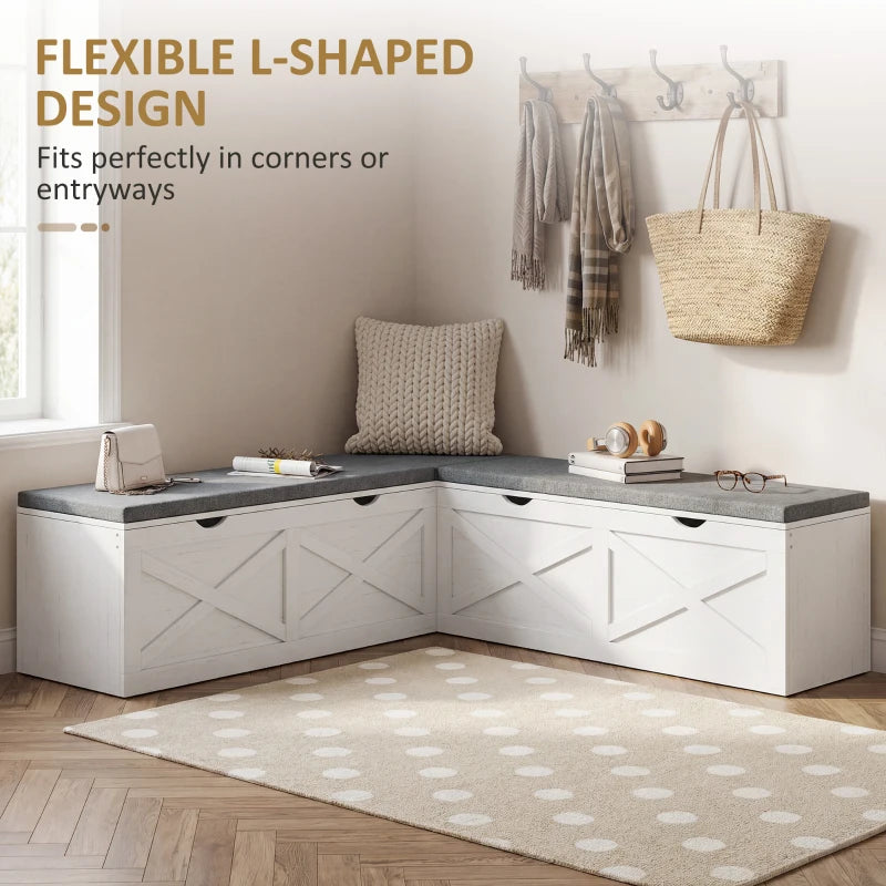 HOMCOM L-Shaped Shoe Storage Bench with Padded Cushion, 5 Hidden Compartments, White