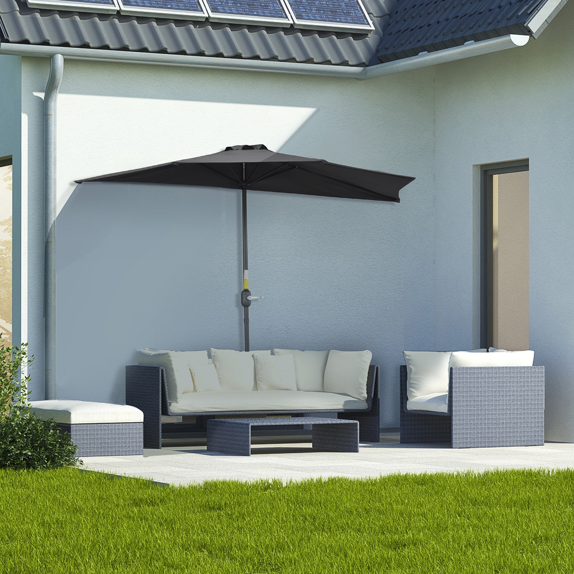 Outsunny 9.8ft Space Saver Parasol: Half Umbrella Semi Round Patio Canopy, Crank Handle Top Vent for Small Spaces, Sleek Black 