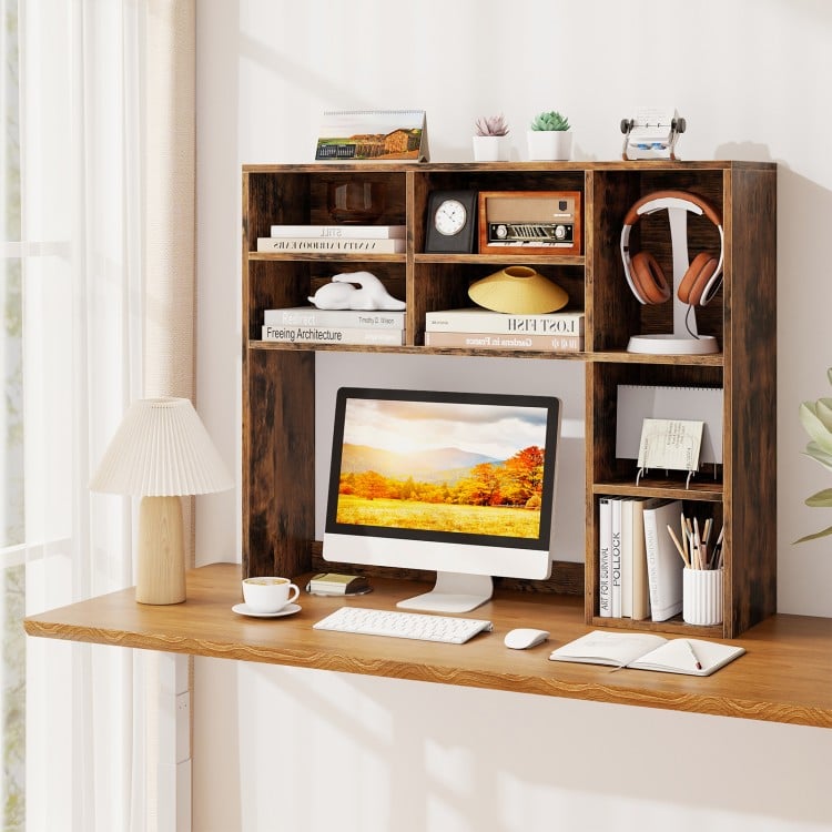 Desktop Bookshelf with 7 Open Cubbies and 3 Adjustable Shelves-Brown