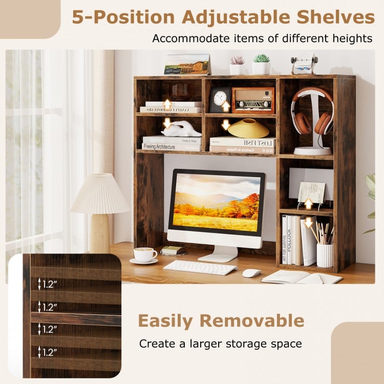 Desktop Bookshelf with 7 Open Cubbies and 3 Adjustable Shelves-Brown