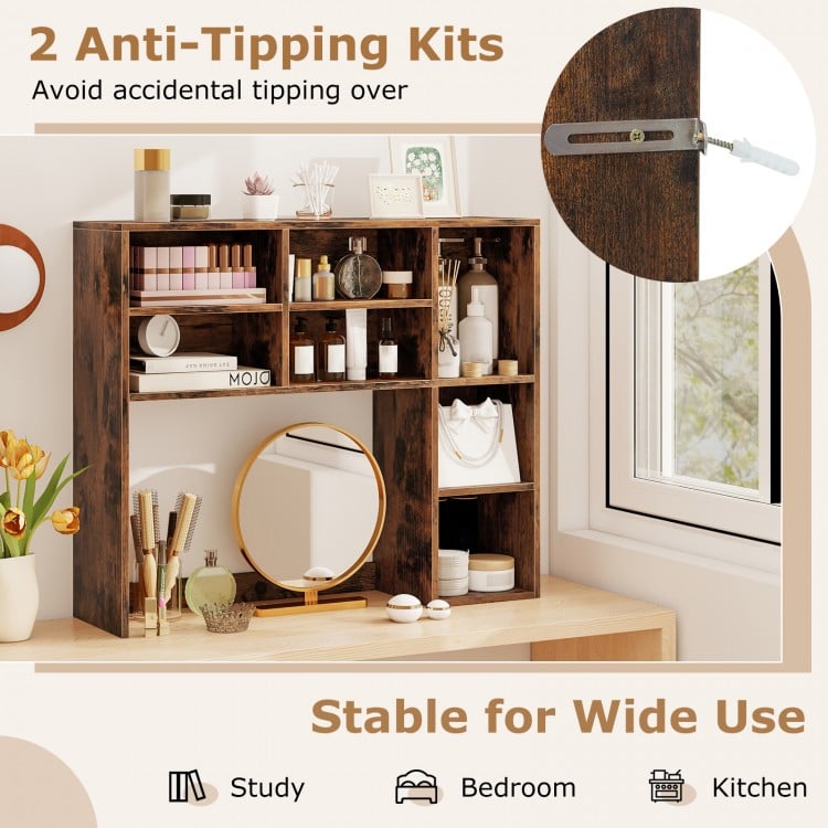 Desktop Bookshelf with 7 Open Cubbies and 3 Adjustable Shelves-Brown
