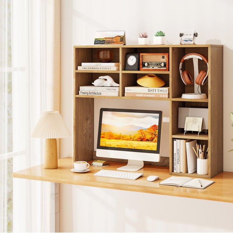 Desktop Bookshelf with 7 Open Cubbies and 3 Adjustable Shelves-Natural