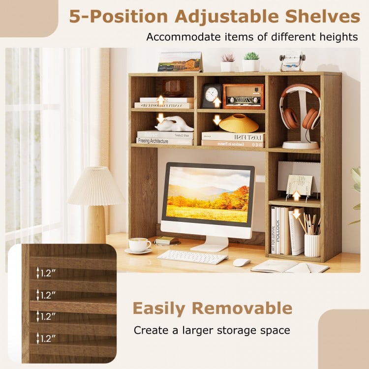 Desktop Bookshelf with 7 Open Cubbies and 3 Adjustable Shelves-Natural