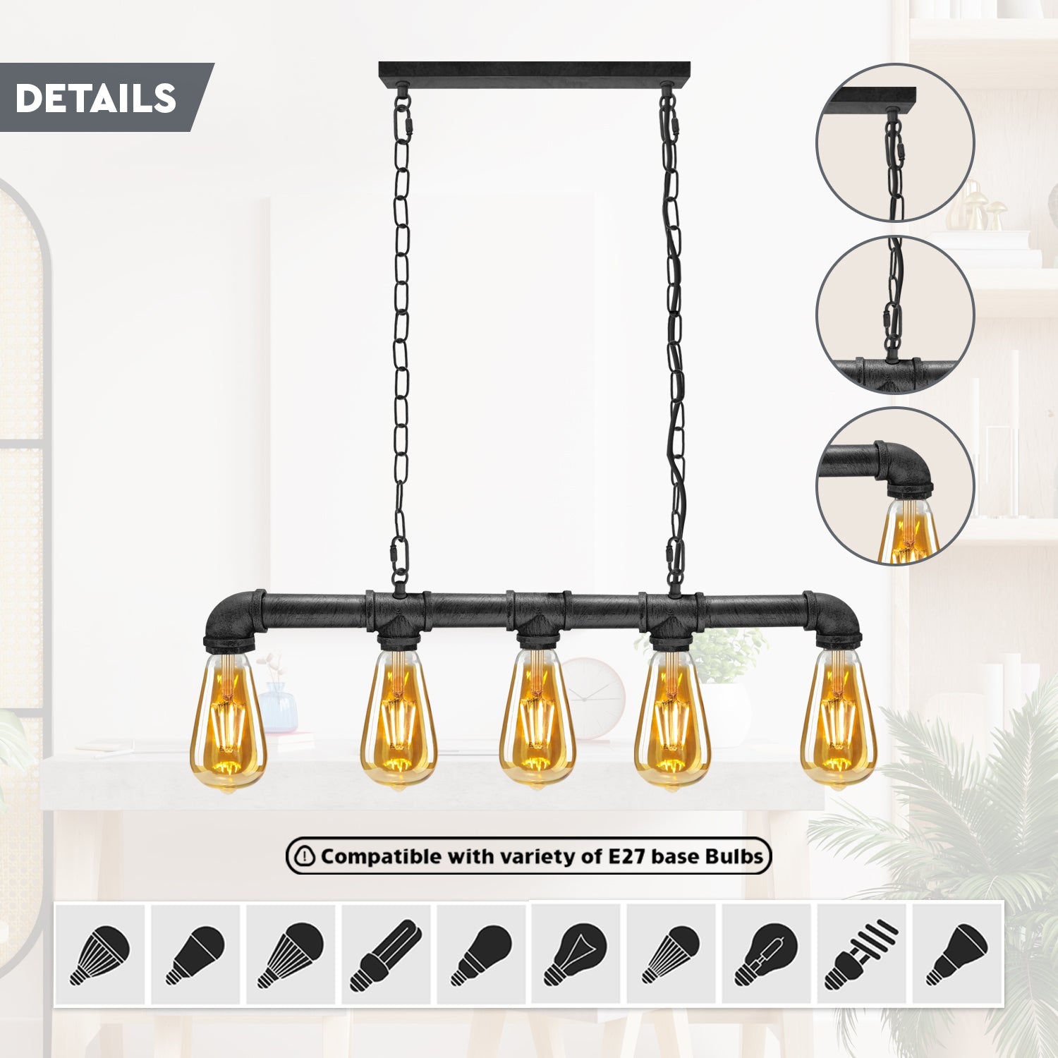 5-Head Water-Pipe Ceiling Light in Black~1341