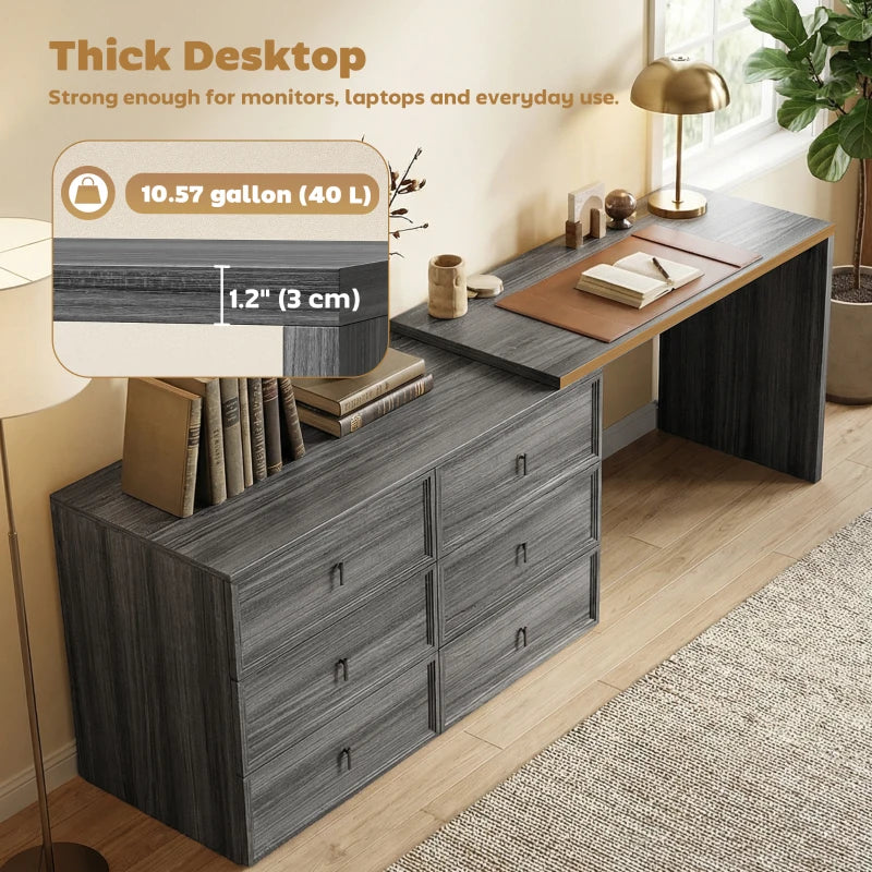 L Shaped Computer Desk Home Office Desk with 6 Drawers Black Wood Grain