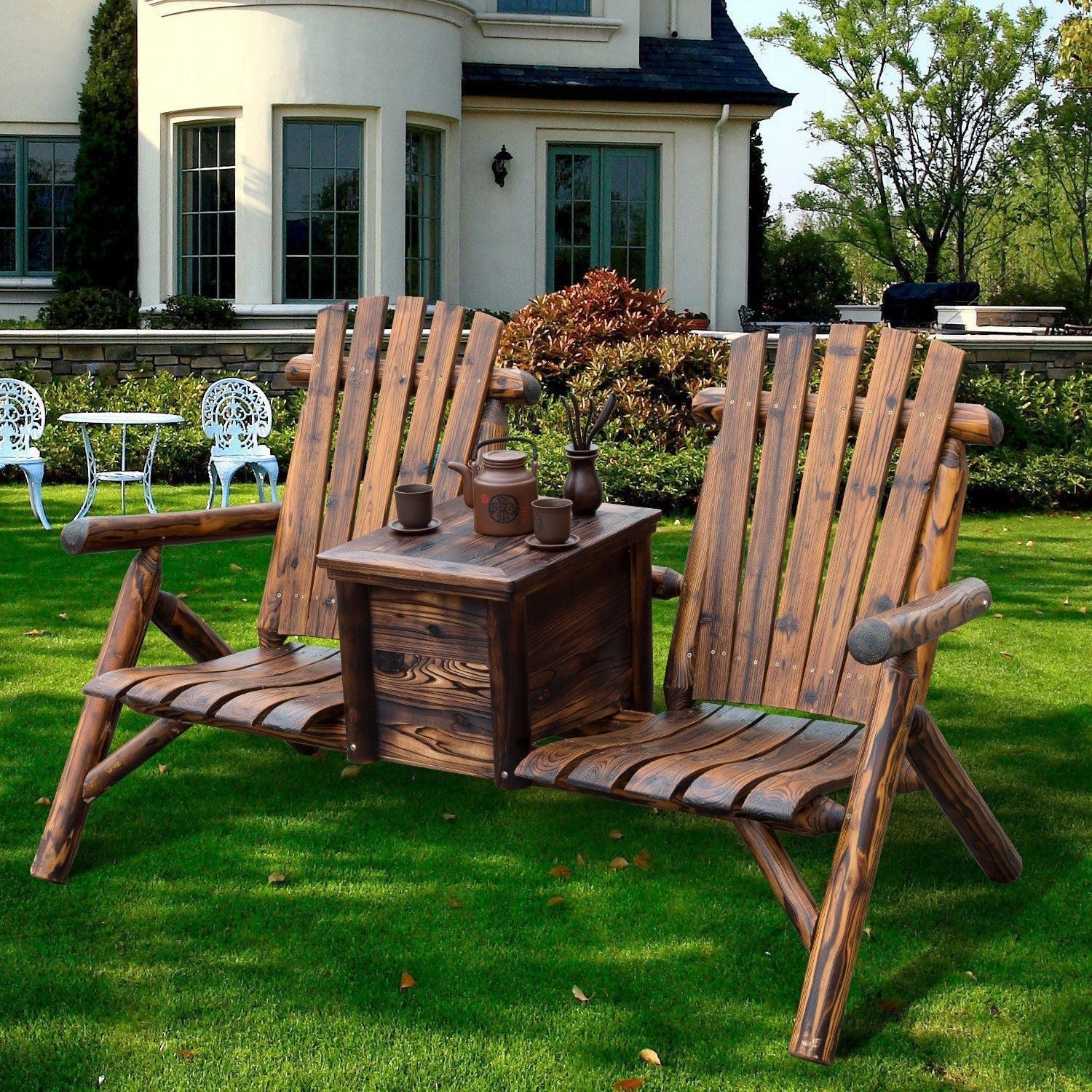 Outsunny 64" Wooden Adirondack Double Garden Bench 2-Seater Loveseat with Ice Bucket Rustic Brown for Patio Yard 