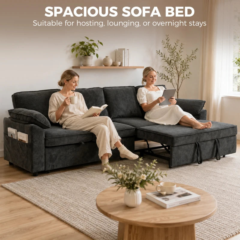 4-Seat Sectional Sofa Bed with Double Pull-Out Sleeper – Dark Grey Chenille