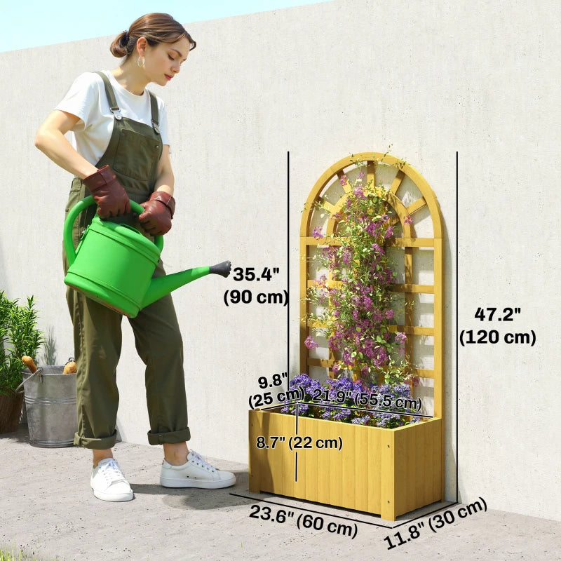 Wooden Raised Garden Bed with Lattice Trellis, Outdoor Elevated Planter Box with Drainage Holes for Climbing Plants