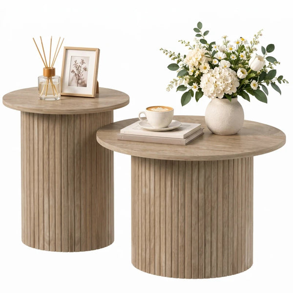 Round Nesting Coffee Table Set of 2 – Fluted Pedestal Tables, Rustic Brown Wood Grain