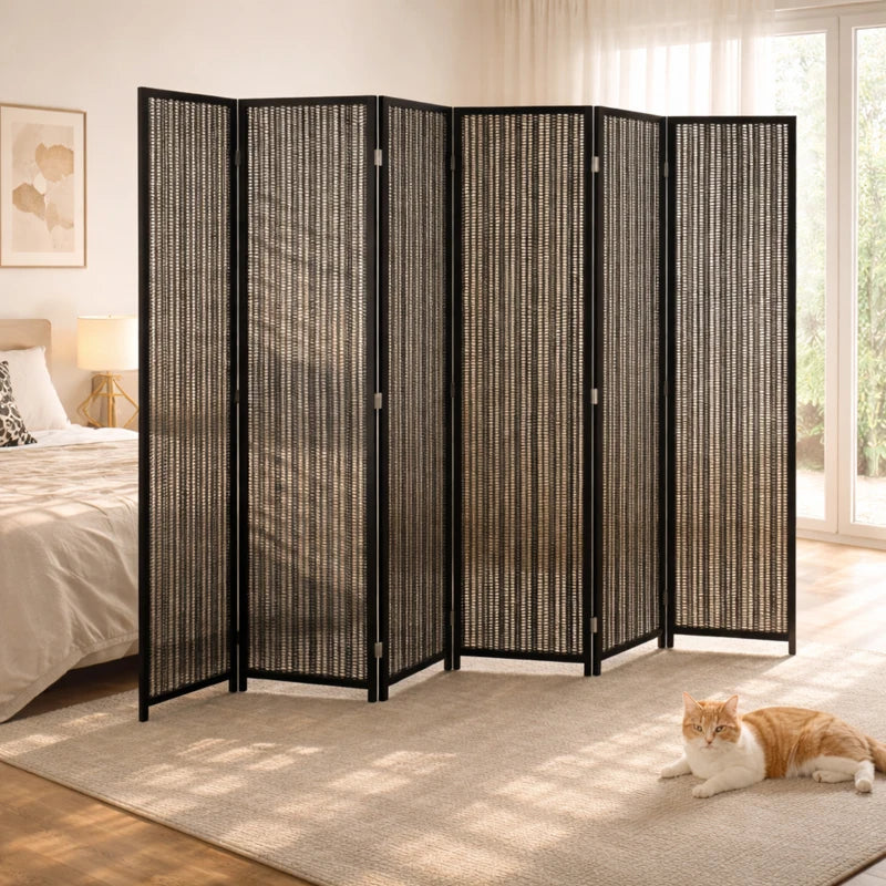 Folding Privacy Screen, 6 Panel Room Divider, Freestanding Partition with Handwoven Bamboo and Pine Wood Frame, Black