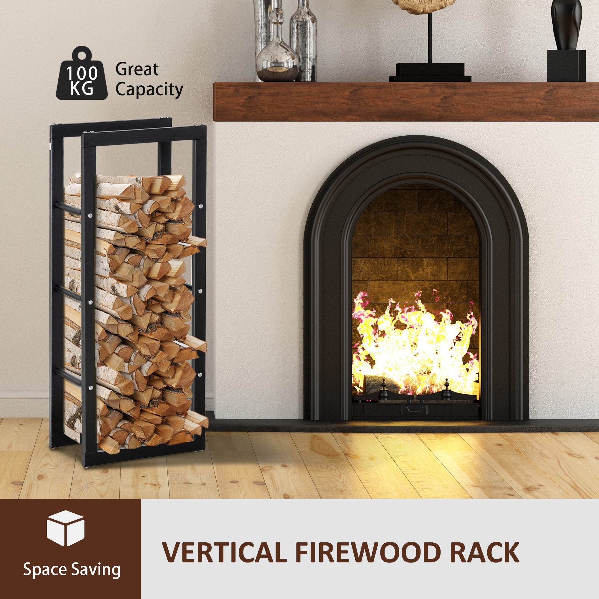HOMCOM 16 Firewood Rack Log Holder Fireplace Storage Handles 220 lbs Weight Capacity Black 
