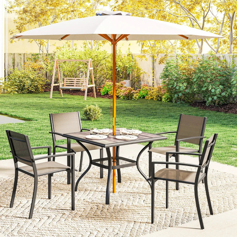 Outdoor Dining Table for 4, Square Patio Table with Umbrella Hole, Shelf, Faux Wood Top for Garden, Backyard, Grey