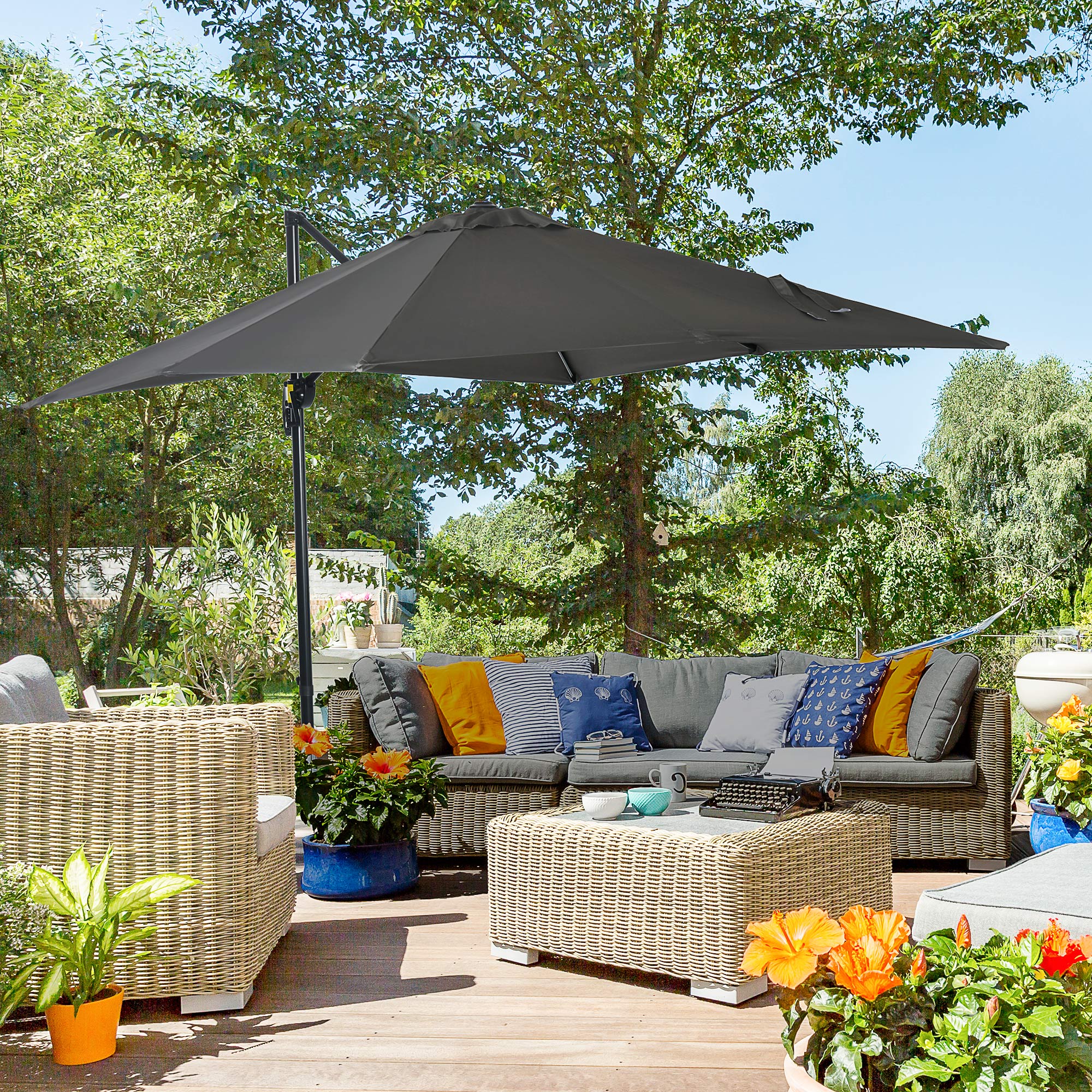Outsunny 8'x8' Square Offset Patio Umbrella Hanging Cantilever Crank Parasol 360° Rotation Cross Base Grey 