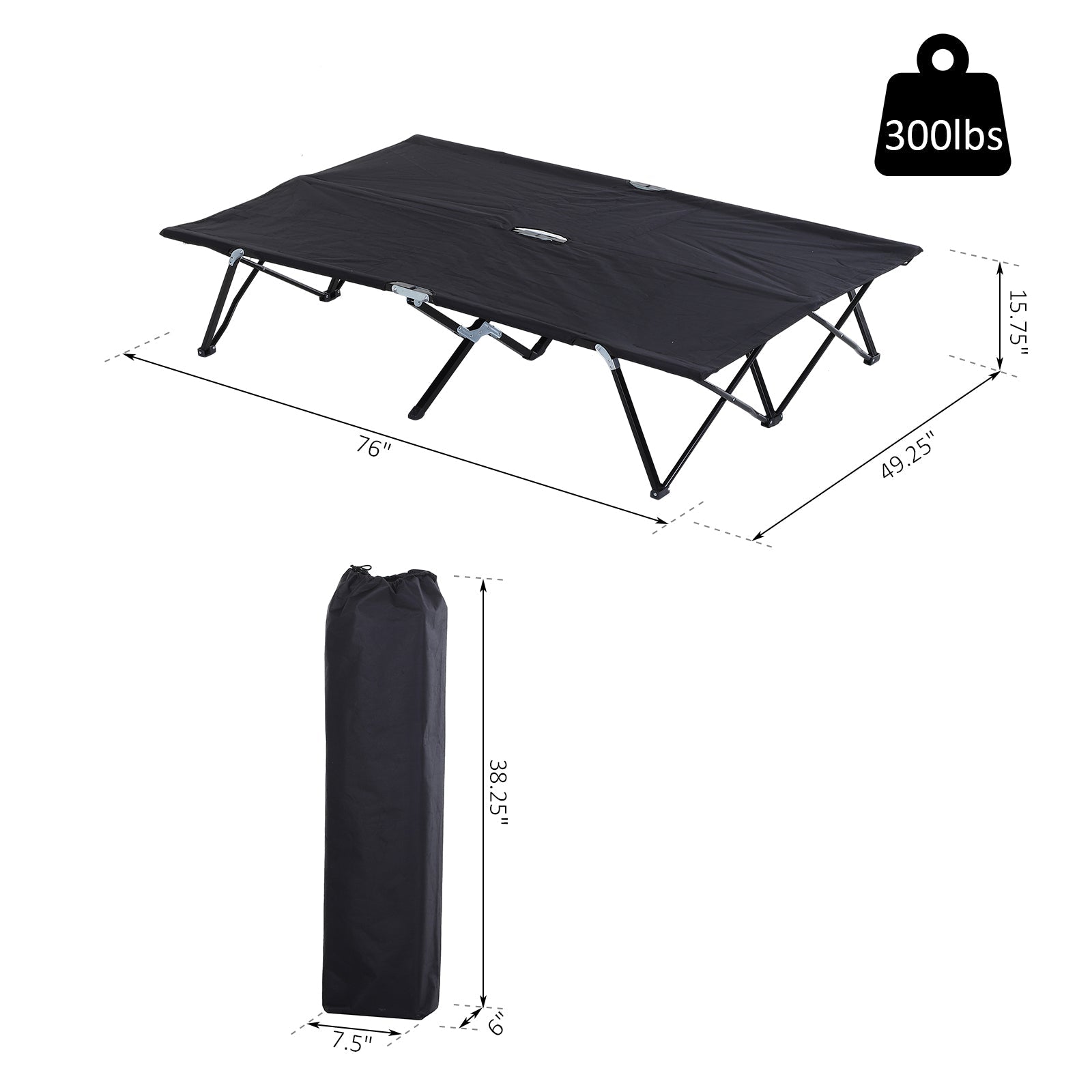 Outsunny Double Wide Folding Camping Cot Portable Outdoor Military Sleeping Bed Two Person Black 