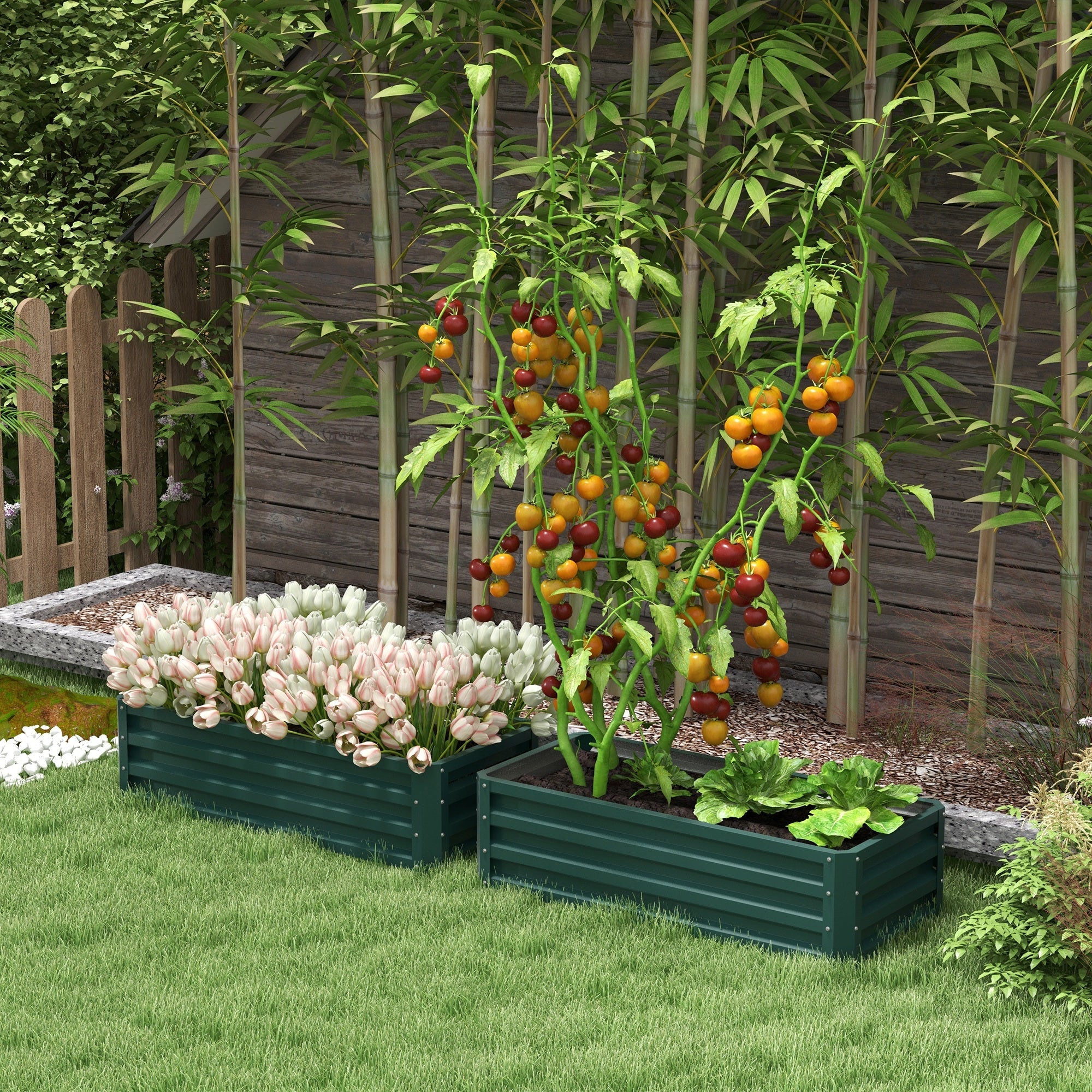 Outsunny Outdoor Galvanized Raised Garden Beds in Green - Set of 2 Planter Boxes for Flowers, Herbs & Vegetables 