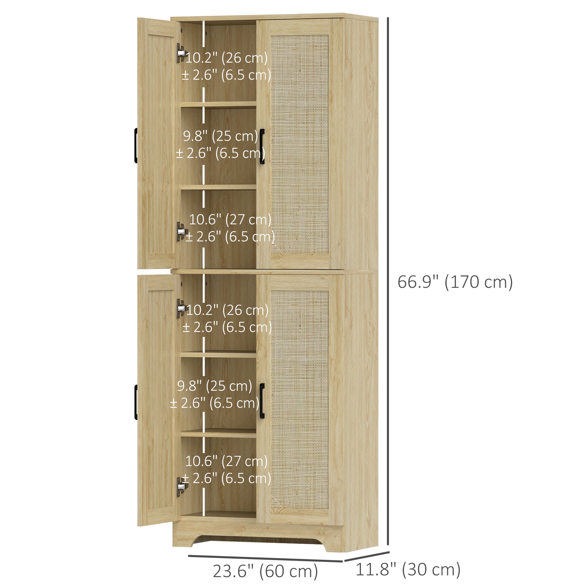 HOMCOM 67" Tall Kitchen Pantry, Freestanding Kitchen Storage Cabinet with 4 Rattan Doors and Adjustable Shelves, Oak 