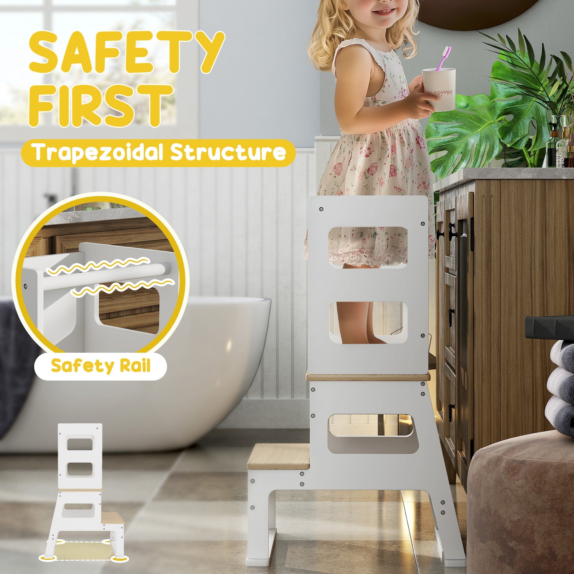 Qaba 2 in 1 Toddler Tower Kitchen Helper w/ Chalkboard, Safety Rail, for Counter, Bathroom, Sink, Kitchen, White 