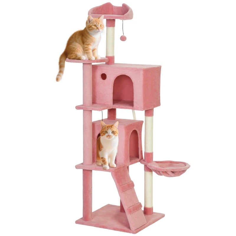 63 Inch Cat Tree with Sisal Scratching Posts, Condos, Plush Perches, Hammock, Ladder, Dangling Balls, Pink