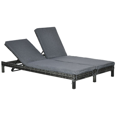 Outsunny Wicker Double Chaise Lounger Chair Outdoor Recliner 2 Person Rattan Patio Reclining Sunbed Furniture, Black, Grey 