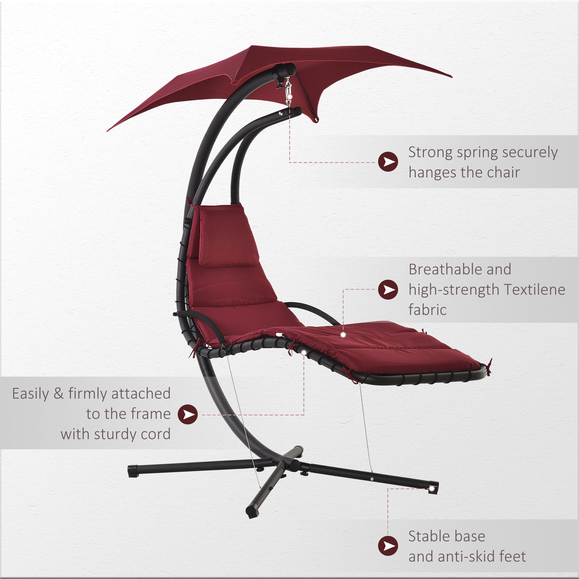 Outsunny Outdoor Patio Swing Chair with Arc Stand Canopy Garden Lounge Wine Red Comfort 