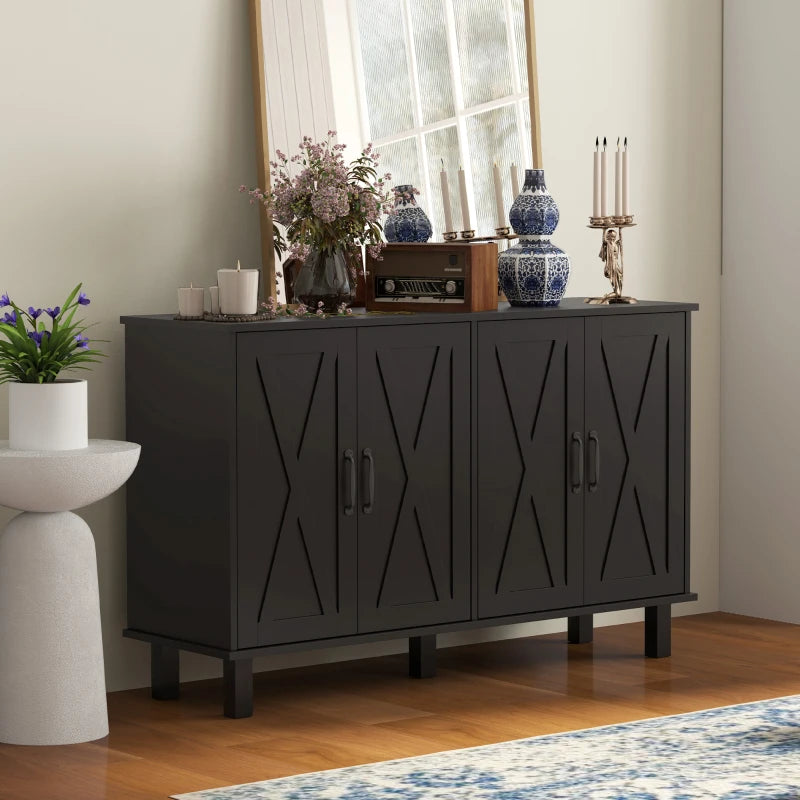Kitchen Sideboard Cabinet with 4 Barn Doors and 2 Adjustable Shelves, Buffet Table for Living Room, Hallway, Black