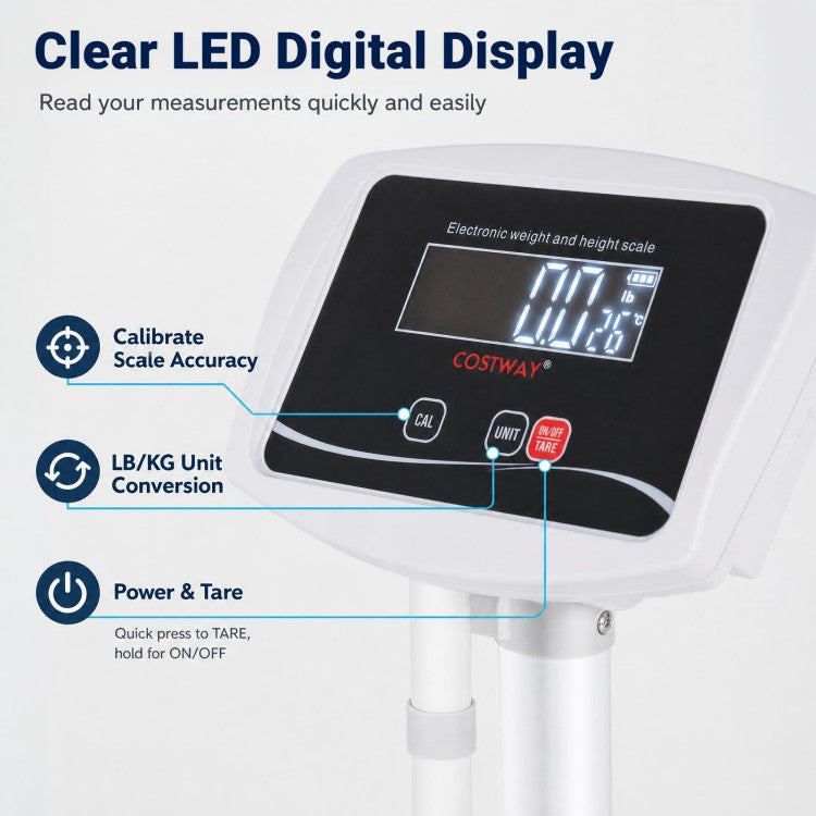 Digital Height & Weight Scale with Height Rod, 400 lb Capacity, LED Display & Rechargeable Battery