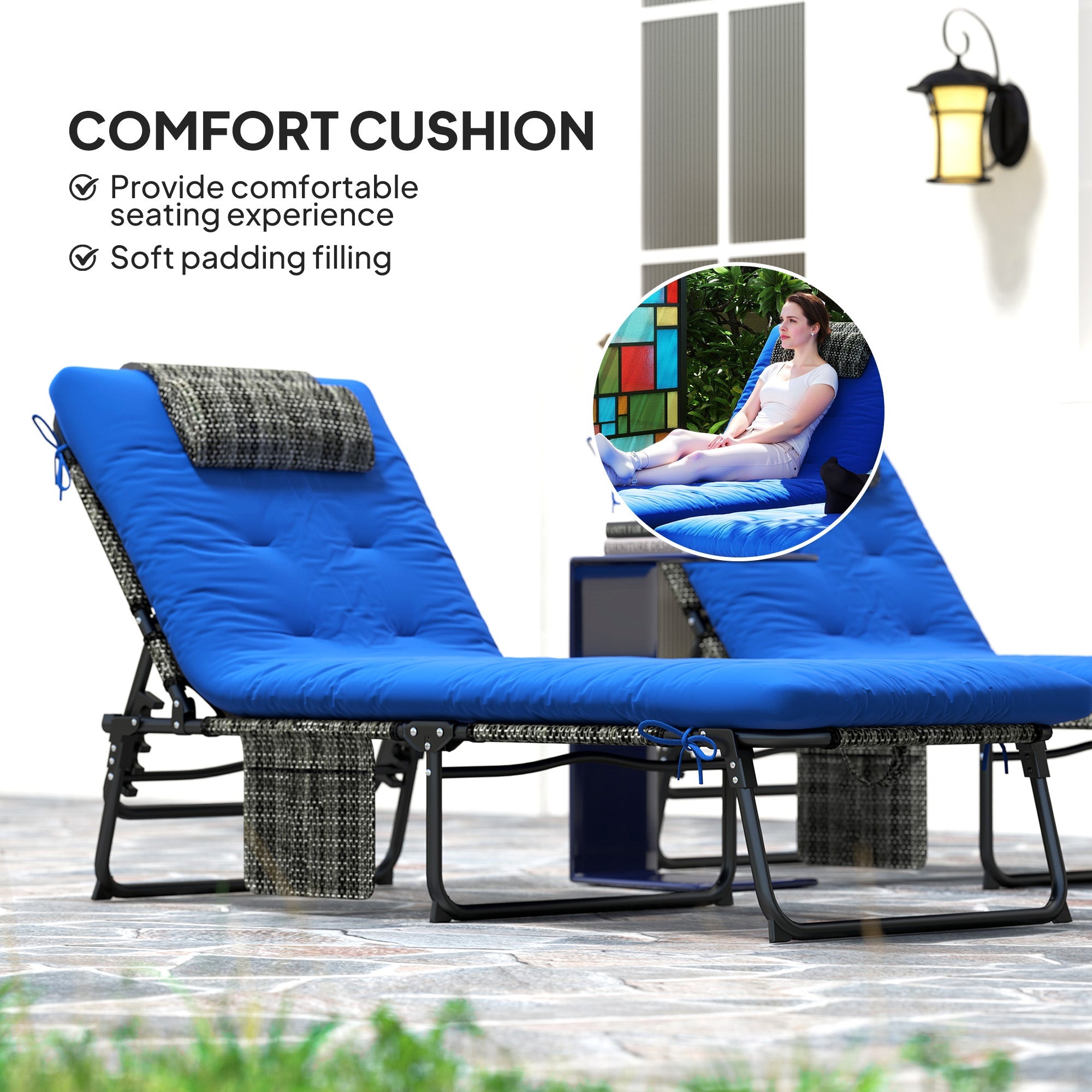 Outsunny 2 Pieces Folding Lounge Chairs with 4-level Reclining Back, Tanning Chair with Cushion, Sun Lounger with Breathable Mesh Fabric, Side Pocket, Headrest, Blue 