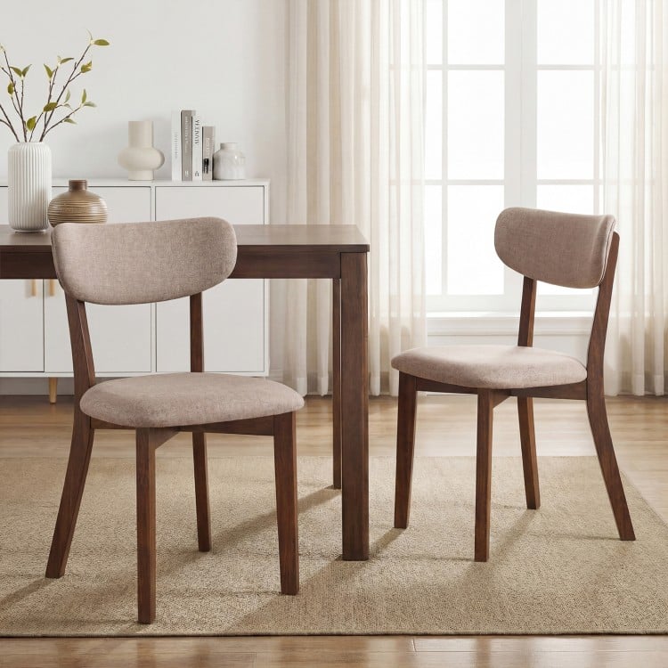 Dining Chairs Set of 2 Upholstered Mid-Back Chairs with Solid Rubber Wood Frame-Beige