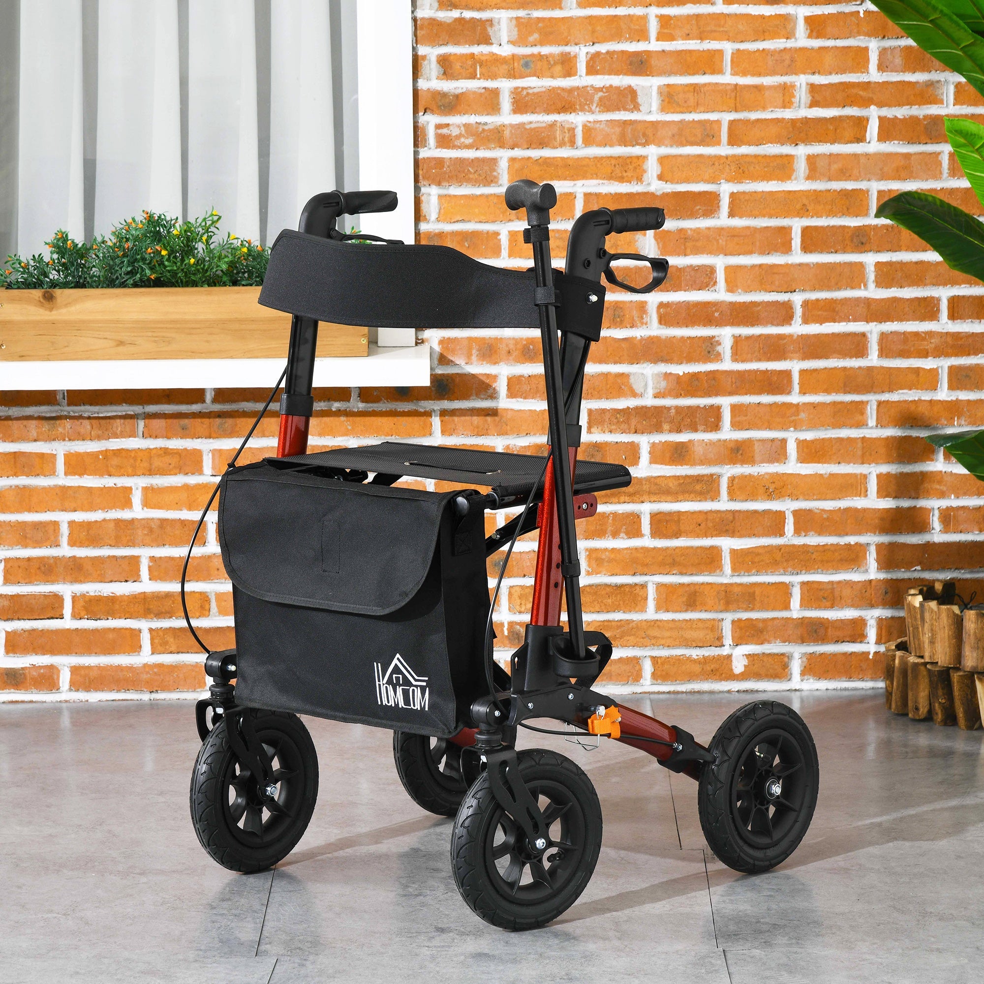 HOMCOM Rollator Walker for Seniors Adjustable Seat & Handle Folding Aluminum Frame Rubber Wheels Storage Bag Vibrant Red 
