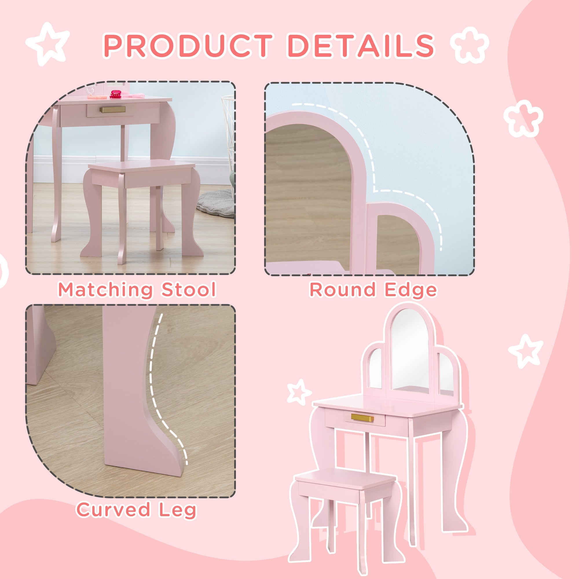 Qaba Kids Dressing Vanity: Makeup Table with Drawer, Chair for Ages 3-6, Pink 