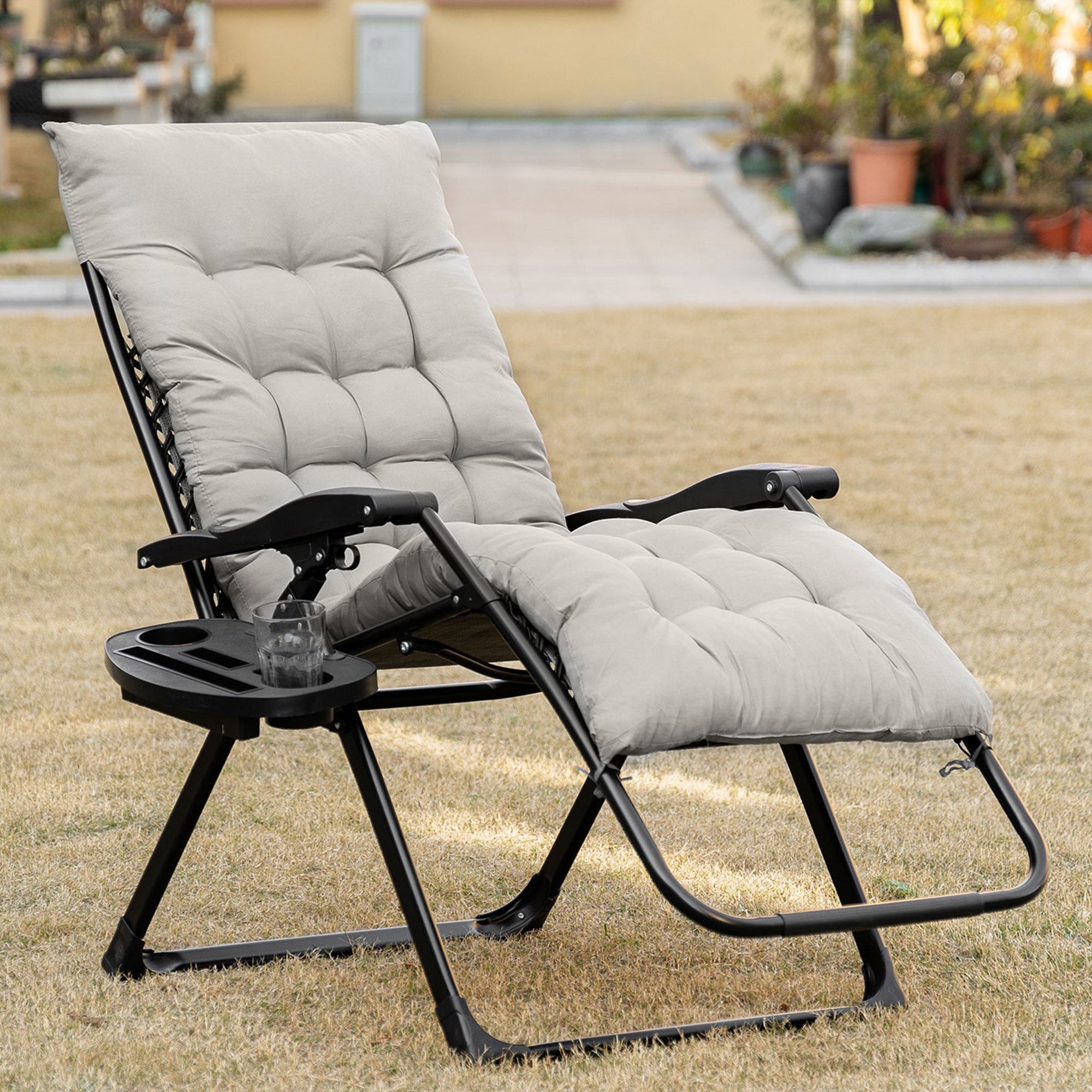 Outsunny Zero Gravity Chair Grey Padded Folding Recliner with Cup Holder Adjustable Backrest Patio Lounger 