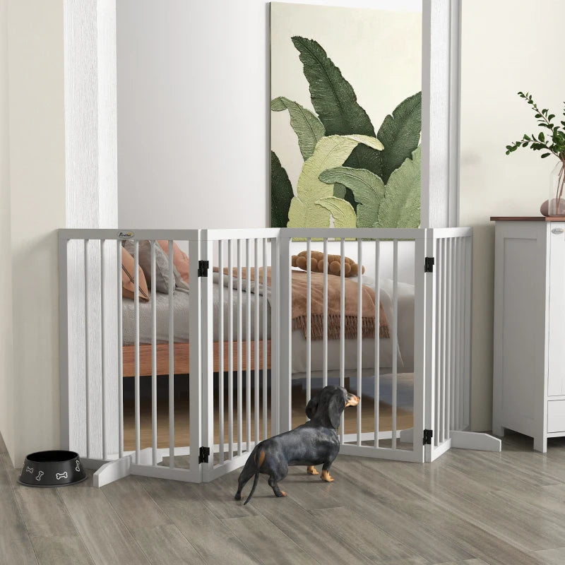 Free Standing Pet Gate, Foldable Dog Gates with 2 Support Feet, 4 Panels for Doorway Stairs, White