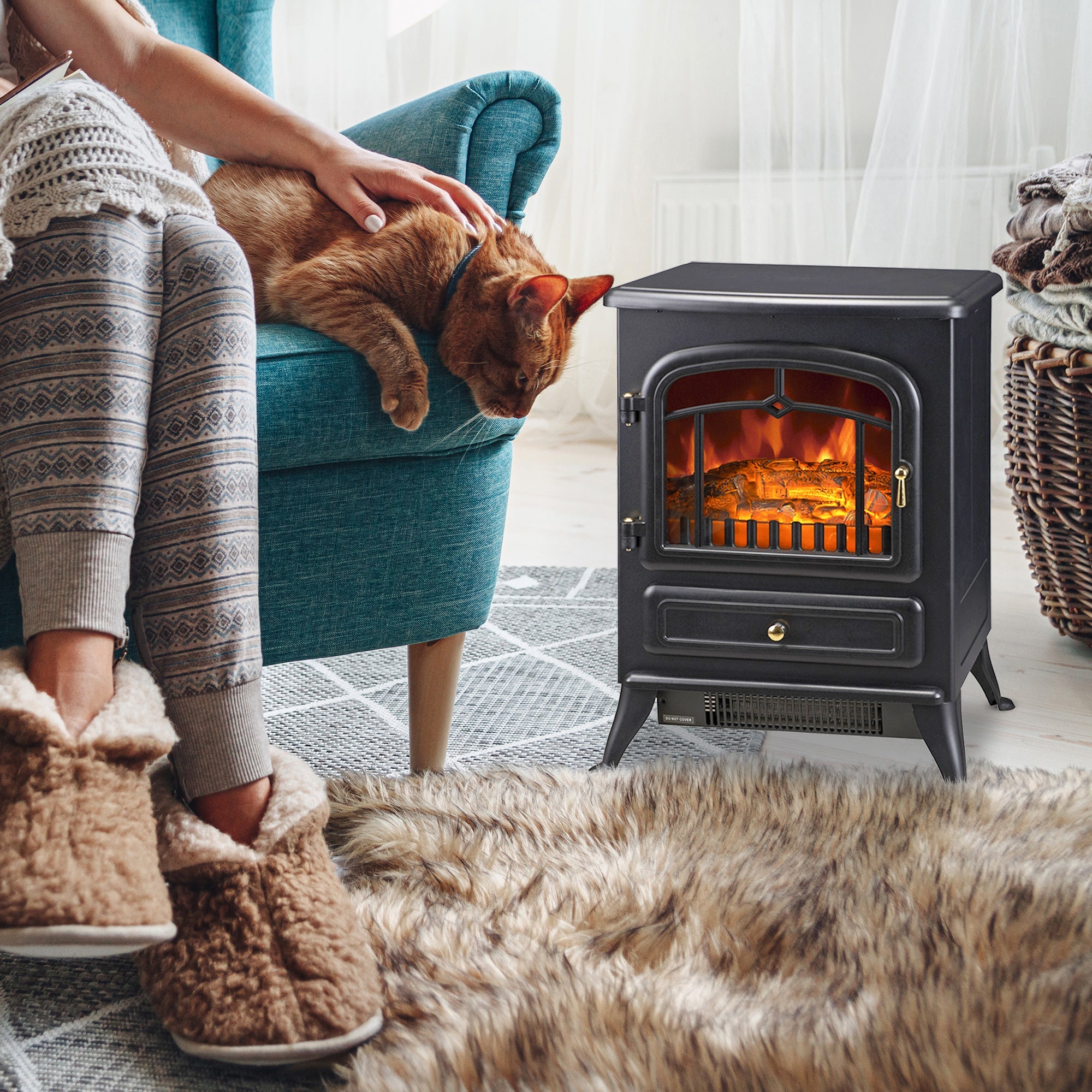 HOMCOM 16" Freestanding Electric Fireplace Heater Fire Stove with Wood Burning Flame 750/1500W Black 