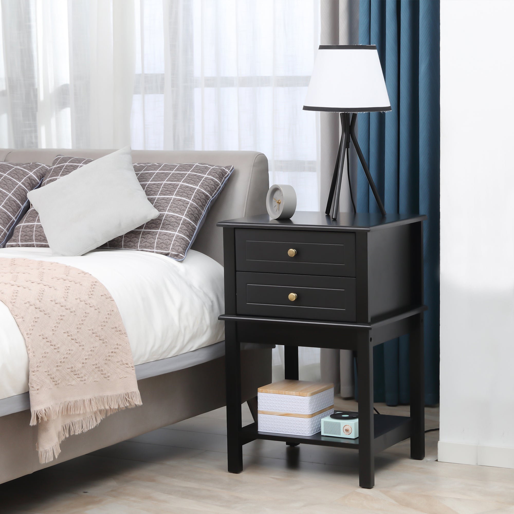 HOMCOM Chic End Table: Modern Sofa Side Table with Drawers and Storage Shelf, Nightstand for Bedroom, Living Room, Matte Black 