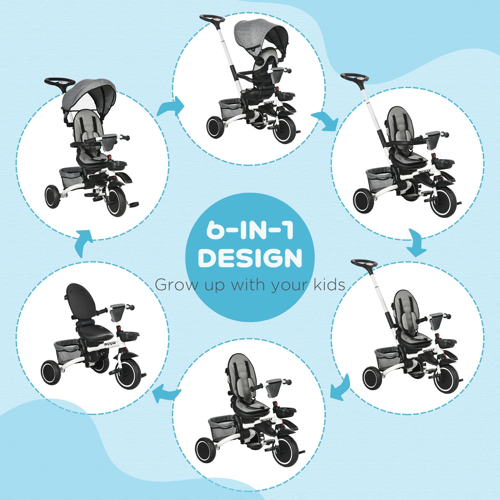 Aosom 7-in-1 Toddler Tricycle, Kids Trike with Rotatable Seat, Adjustable Push Handle, Safety Harness, Detachable Canopy, Footrest| Aosom Canada 