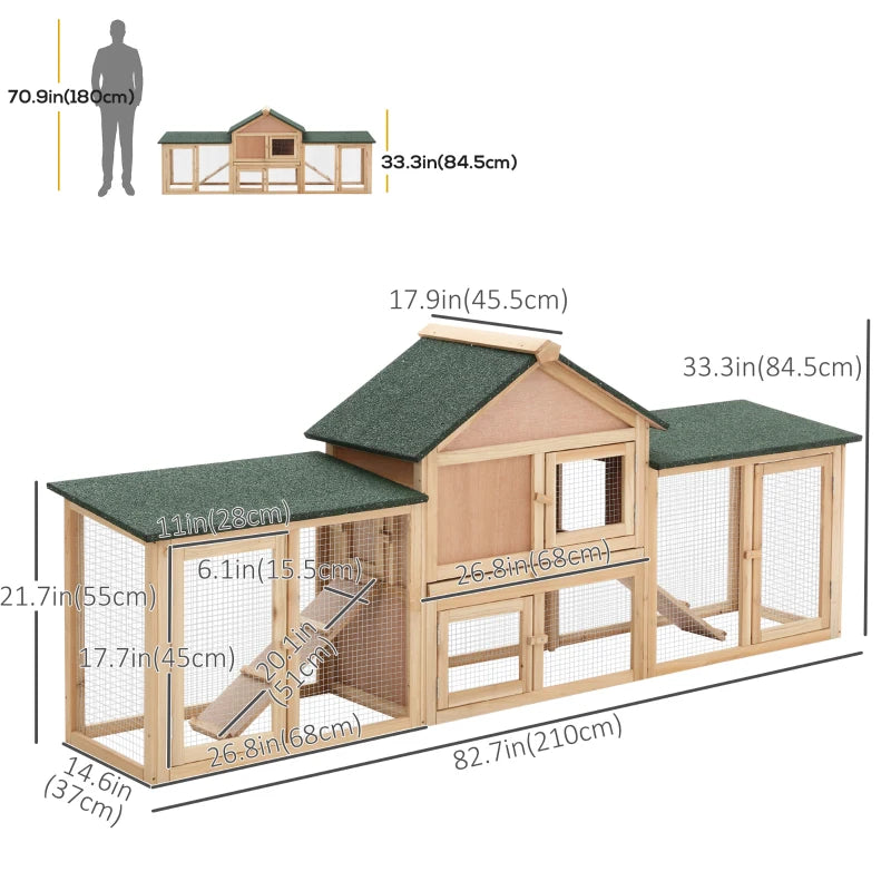 Large Rabbit Hutch Wood Bunny Cage Outdoor Guinea Pig House with Double Runs Slide Out Tray Ramps, 83"x18"x33", Natural