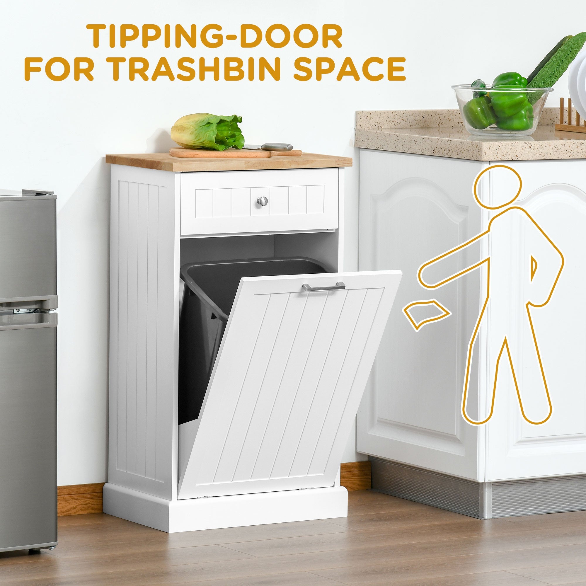 HOMCOM Kitchen Tilt Out Trash Bin Cabinet Free Standing Recycling Cabinet Trash Can Holder Drawer White 