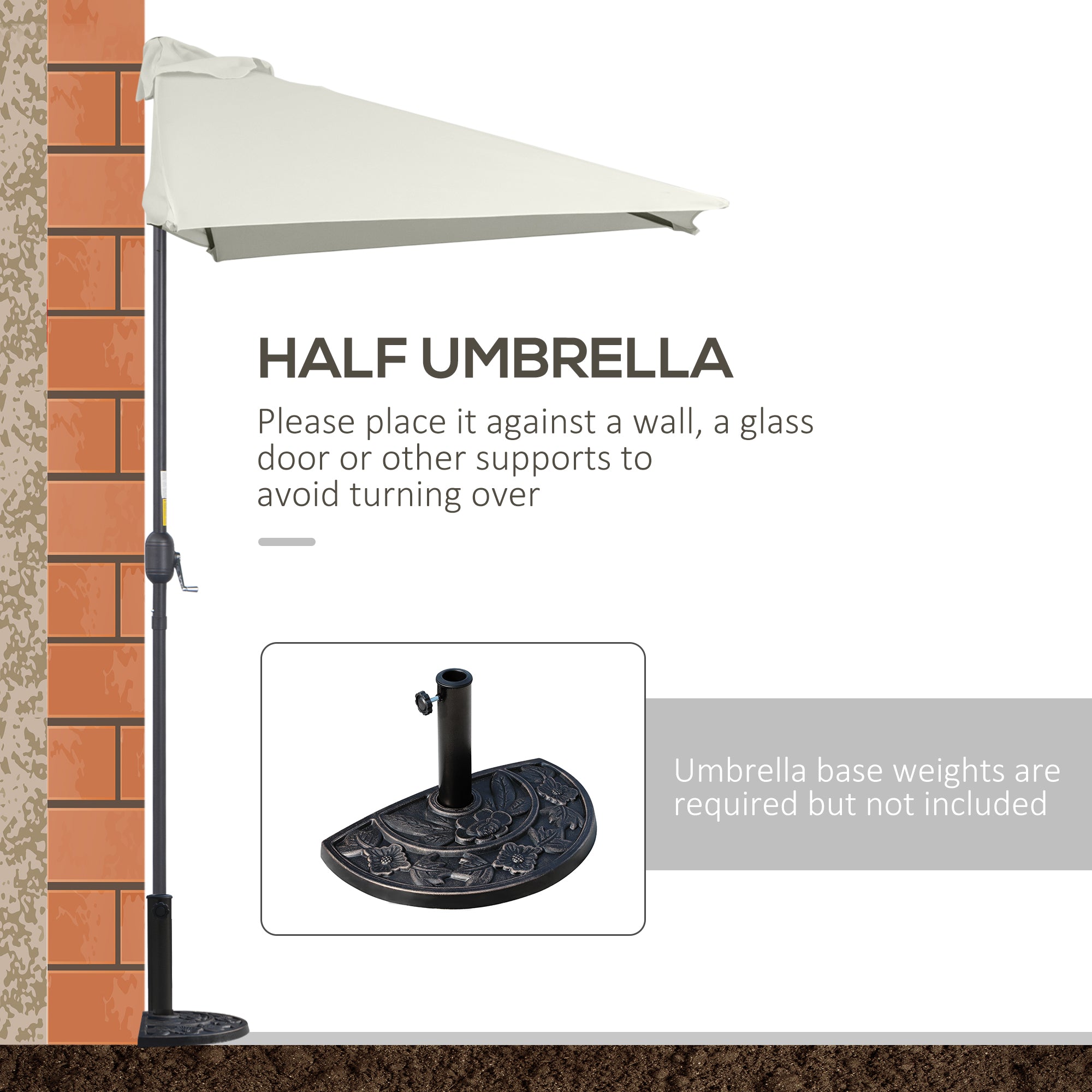 Outsunny 8ft Half Round Umbrella, Outdoor Balcony Parasol Patio Garden Outdoor Window Sun Shade w/ 5 Ribs Beige 