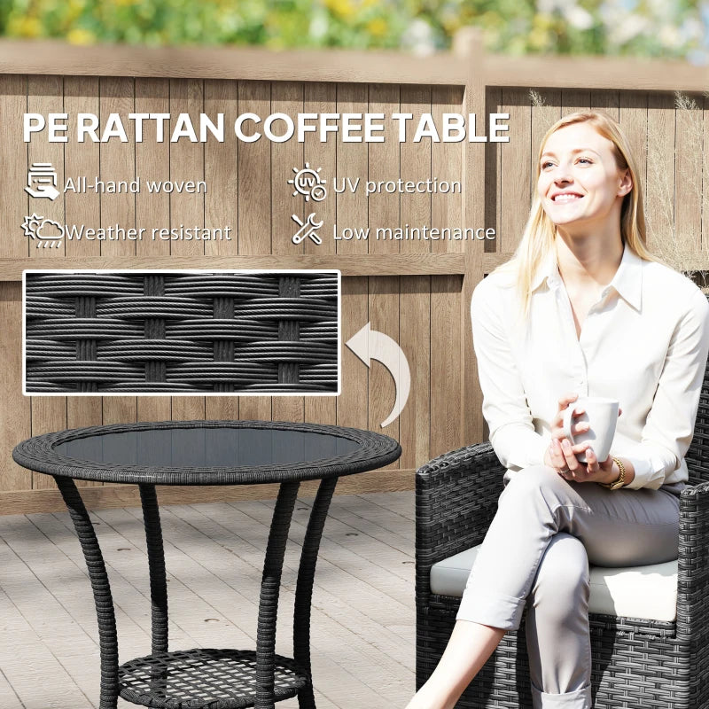 Outdoor Rattan Dining Table, Patio Wicker Round Coffee Table with 2-Tier Storage Shelf, Black