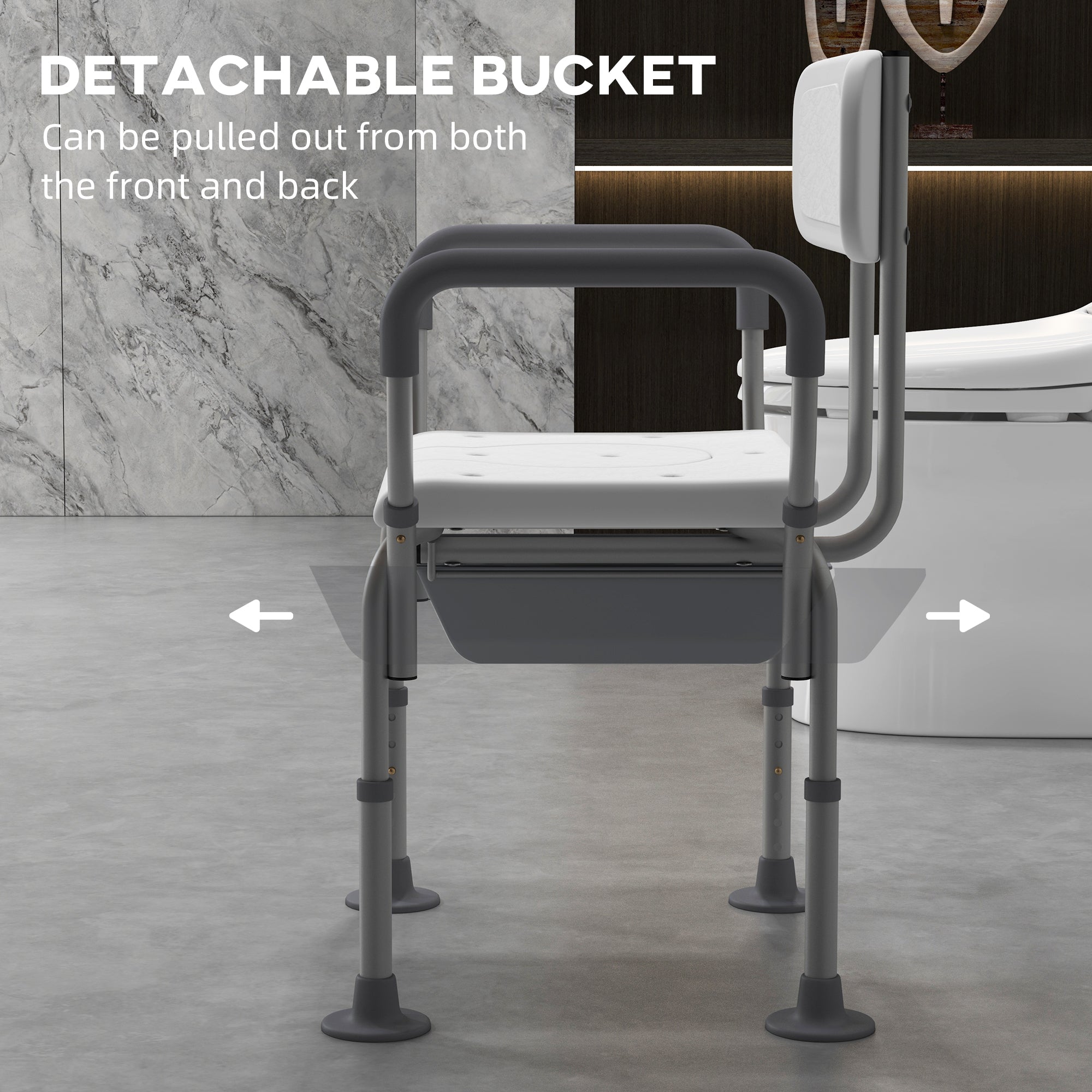 HOMCOM 3-in-1 Shower Chair with Back, Adjustable Bedside Commode, Raised Toilet Seat w/ Rubber Foot Pad for Seniors, Disabled 