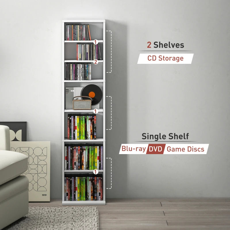 Media Storage Cabinet, 9-Tier Tall Narrow DVD Shelf with 6 Adjustable Shelves, White