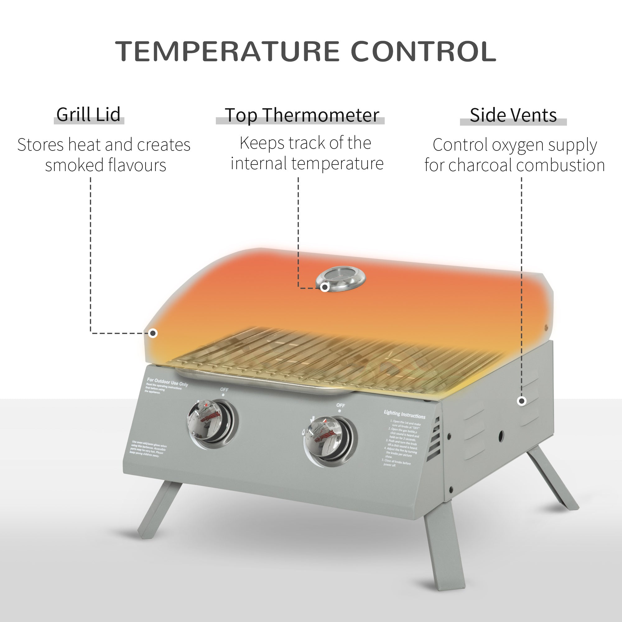Outsunny 2 Burner Propane Gas Grill, Portable Tabletop BBQ with Foldable Legs, Lid, for Camping, Picnic, Silver 