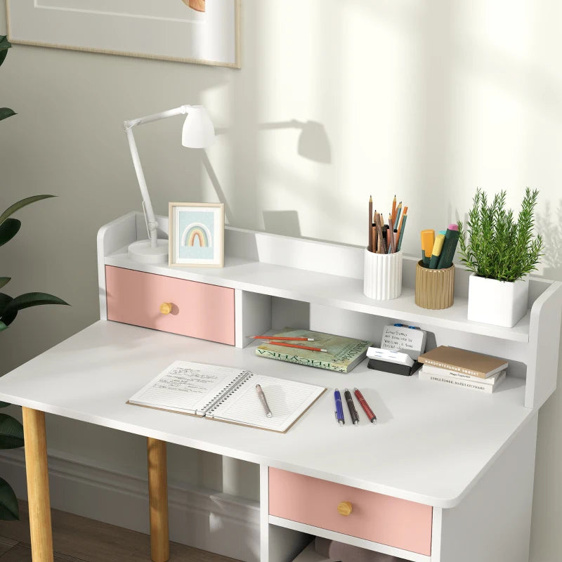 Qaba Kids Study Table and Chair Set, Kids Desk and Chair Set w/ Storage and Shelves, for 3-8 Year Old, Pink